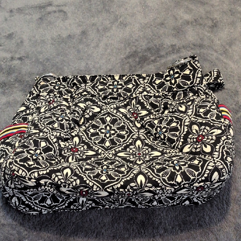 Black & White Floral Quilted Shoulder Bag with Color-Accent Strap